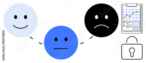 Happy, neutral, and sad faces connected with dotted lines, a clipboard with a graph, and a padlock. Ideal for emotional analysis, feedback, mental health, evaluation progress monitoring data