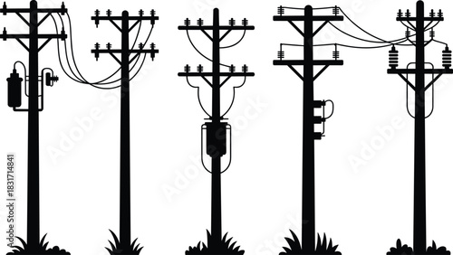 Silhouettes of five different electricity poles with transformers and wires power line