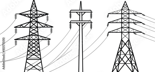 Three black and white silhouettes of high voltage electricity pylons with wires on white background power tower