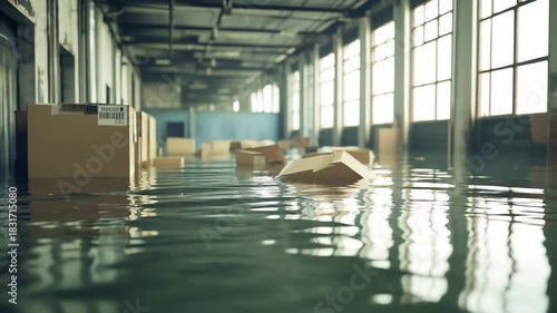 Flooded Warehouse Interior with Cardboard Boxes Floating In Water Natural Light From Large Windows