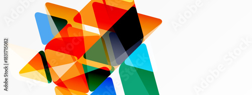 Abstract geometric shapes overlap, creating vibrant color composition. Bright hues blend, forming dynamic visual texture.