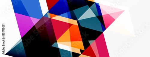 Abstract geometric shapes overlap, creating vibrant color blocks. Composition feels dynamic, modern, minimalist.