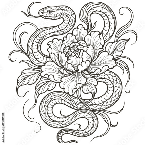Intricate snake and peony tattoo design with detailed floral patterns.