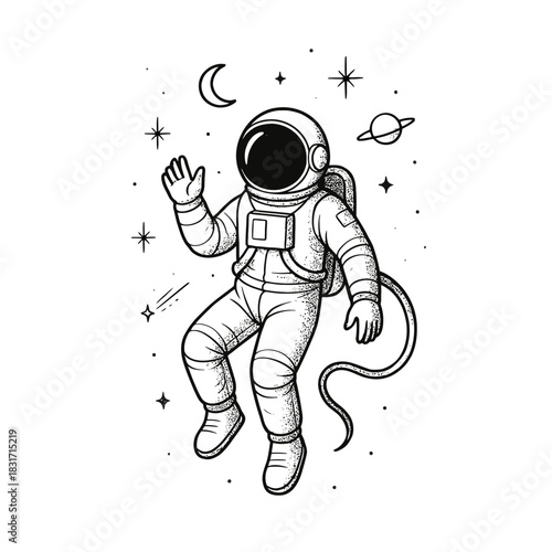 Vintage astronaut illustration: space exploration and cosmic adventure.