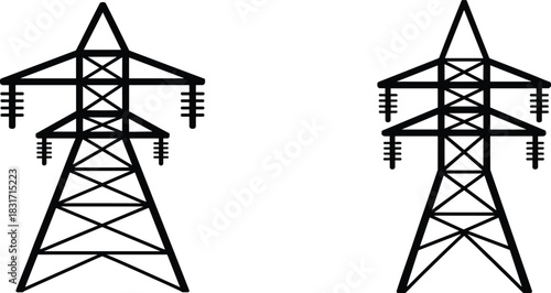 Two black silhouette power transmission towers on white background electricity pylon