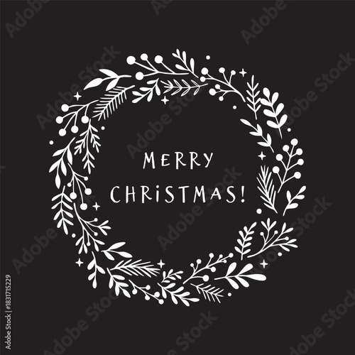 Elegant Christmas wreath greeting card with white botanical foliage and Merry Christmas lettering on a black background for festive winter holiday designs