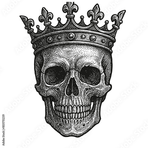 Detailed crowned skull artwork with gothic and vintage elements.