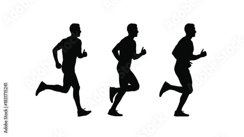 Running Man Silhouette Set. Three Male Jogger Figures Vector Illustration for Sport, Fitness, and Marathon Design Elements.