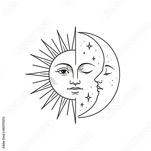 Sun and moon with faces, stars, and phases in black and white design.