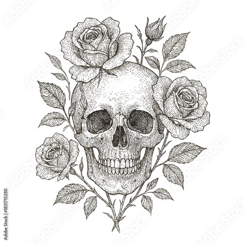 Intricate skull and rose illustration with detailed floral design.