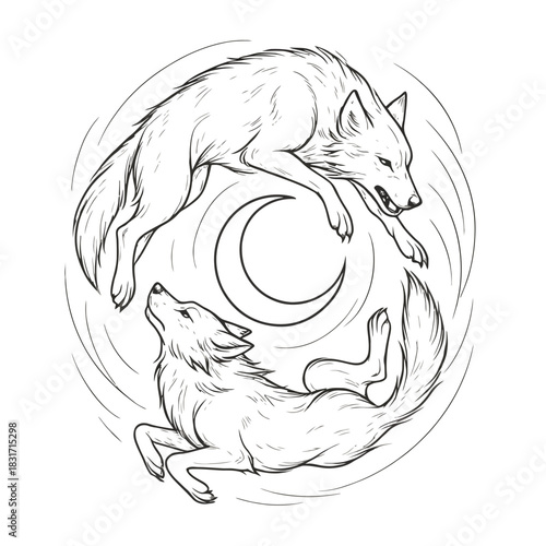 Intricate wolf yin yang design with crescent moon.