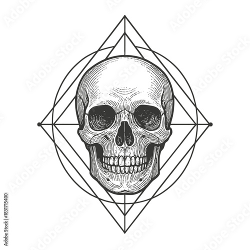 Intricate geometric skull design with sacred geometry elements.