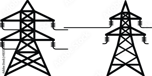 Two electricity transmission towers connected by wires silhouette pylon power
