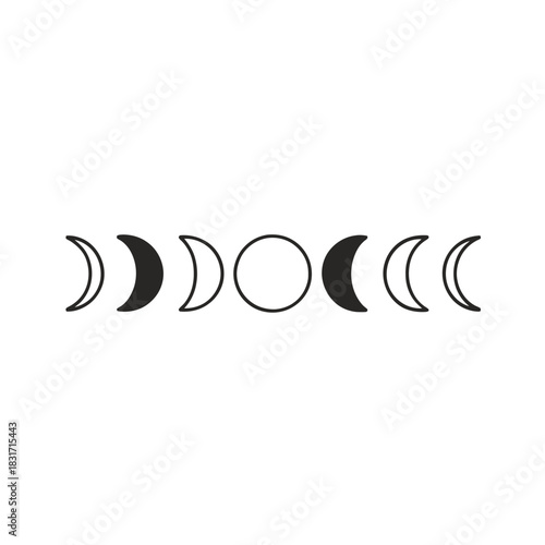 Phases of the moon graphic design with waxing and waning crescent.
