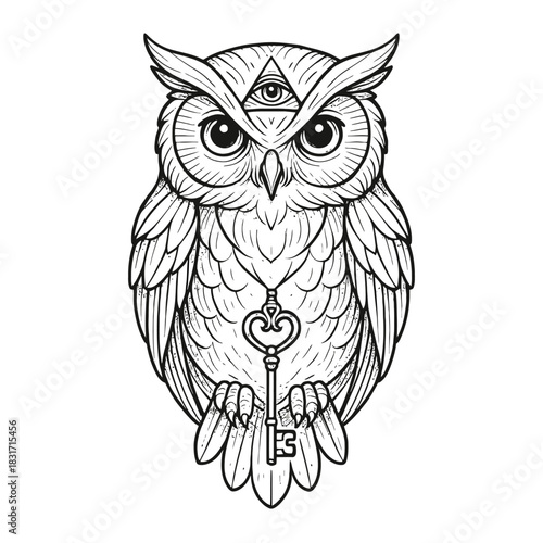 Intricate owl design with third eye and key on white background.