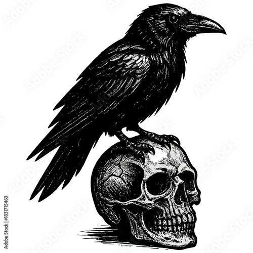 Raven perched on skull: black and white ink illustration of mystical symbolism.
