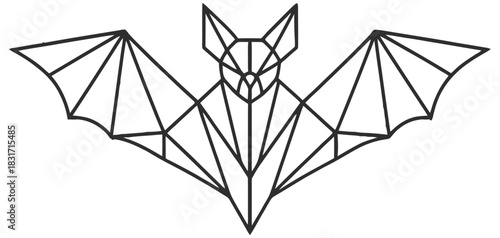 Low-poly geometric bat drawing with angular black lines and symmetrical design.