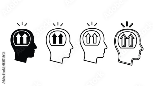 Head with Upward Arrows Icon Set: Growth Mindset, Improvement, Potential, and Brain Development Symbol in Vector Illustration