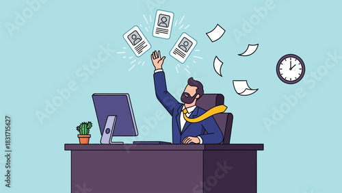 Excited Businessman Celebrating Hiring Success at Office Desk, Reaching for Candidate Resumes or CVs in the Air