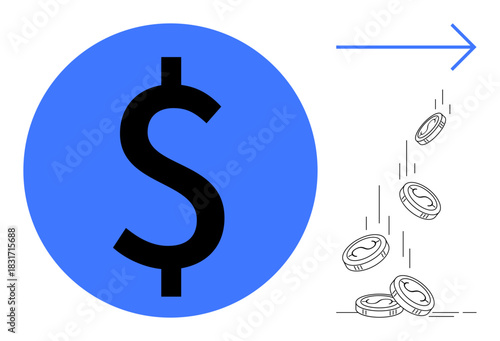 Large blue dollar sign, coins falling, and an arrow indicating transfer or financial movement. Ideal for finance, money, economy, transactions, investments growth planning. Simple flat metaphor