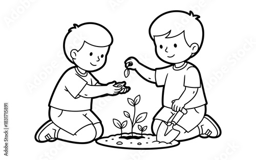 Cute kids planting seedlings outline for gardening activities and educational use