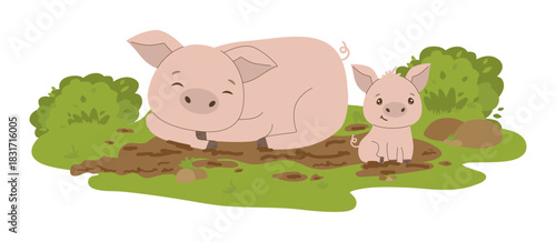 Vector illustration of a smiling mother pig and her playful piglet sitting in a muddy area surrounded by greenery. The image captures a warm and endearing farm scene.