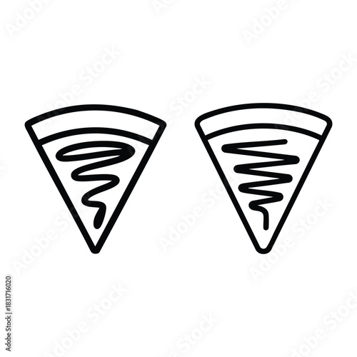 Two Slices of Crêpe or Drizzled Dessert Icon, Outline Icons of Sweet Dessert Slices, Crêpe or Pizza Slice with Drizzle,  silhouette, vector, illustration..