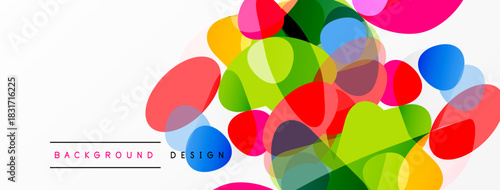 Abstract colorful shapes overlap, creating vibrant background. Design features translucent circles, blending hues. Modern, dynamic composition.