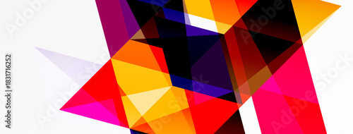 Abstract geometric shapes overlap, creating vibrant color contrasts. Composition features sharp angles, dynamic energy, modern aesthetic.