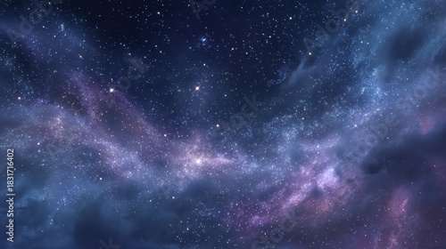 Dreamy galaxy background featuring a luminous star field and distant spiral galaxy in blues and purples