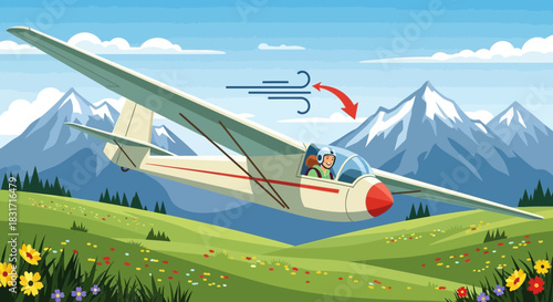 Soaring heights: A whimsical cartoon glider adventure amidst mountainous terrain