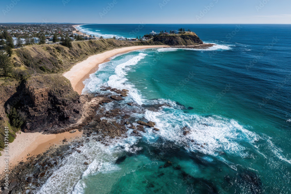 Fototapeta premium Drone photograph of Nobbys Beach coast in Newcastle, capturing turquoise water, waves and coastal headland in bright light