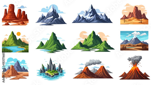Diverse Vector Mountain and Landscape Collection: Desert, Volcano, Snow, and Green Hills Icons