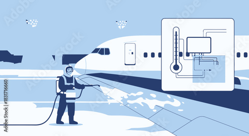 Aircraft de-icing process illustration showing temperature and fluid application