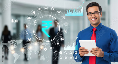 Professional Indian businessman using a digital tablet in a modern office, surrounded by futuristic financial graphics