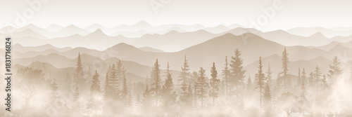 Sunrise in the mountains, landscape in sepia tones, monochrome, wild forest, valley in the fog, vector illustration