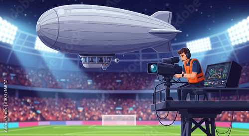 Broadcast aerial coverage of a sporting event with stadium and crowd scenes