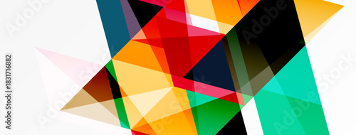 Abstract geometric shapes overlap, creating vibrant colorful composition. Bold lines, angles define dynamic visual experience.