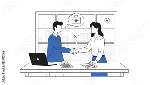 Professional Handshake After Successful Business Deal. Vector illustration of two colleagues concluding an agreement, partnership, or job interview in an office setting.