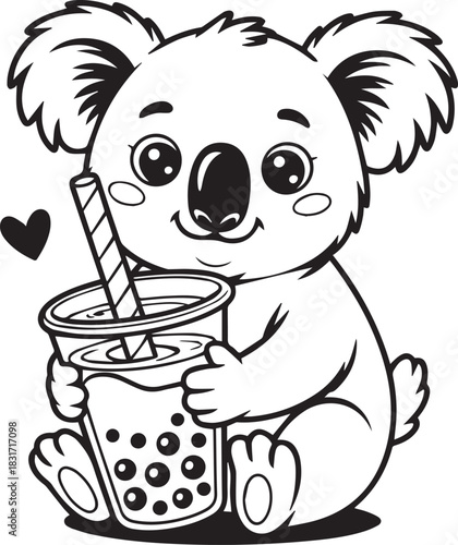 Adorable koala hugs bubble tea cheerfully, with transparent background, making for a charming scene