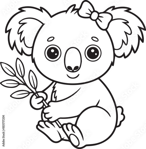 An adorable koala with a bow sits, tenderly holding a leafy branch in black outline