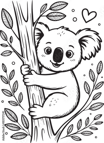 Adorable koala outline clings playfully to a tree branch, surrounded by leaves and charming bubbles