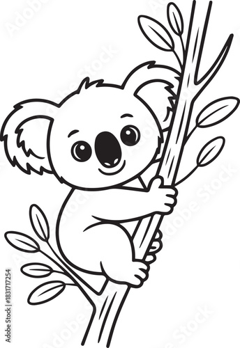 Cartoon koala happily climbs up a tree branch in black and white lines