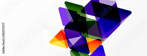 Abstract shapes overlap, creating vibrant color blends. Composition feels dynamic, modern, energetic. White background emphasizes forms.