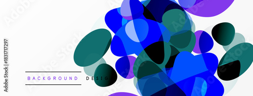 Abstract colorful shapes overlap white space. Modern design elements create dynamic visual texture. Background suggests fluidity, depth.
