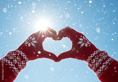 Red mittens forming a heart shape against a bright winter sky