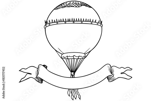 Vintage hot air balloon, sketch art drawing, banner ribbon silhouette. Black line art, fly adventure, antique transportation drawing