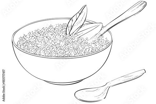 Bowl of rice. Cereal grain with spoon or chopstick. Asian staple food for diet or nutrition. Vector illustration, line art, sketch, black silhouette, meal.
