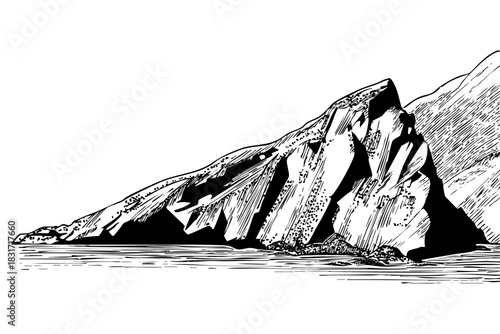 Rocky mountain landscape sketch. Sea, nature, outdoor scene, travel. Island peak with ocean view. Monochrome artistic vector art