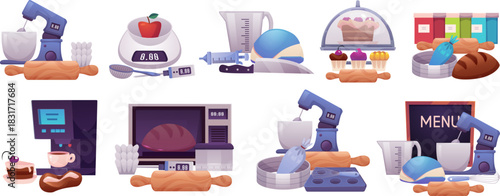 Sets of kitchen equipment, tools, utensils, food, cooking.